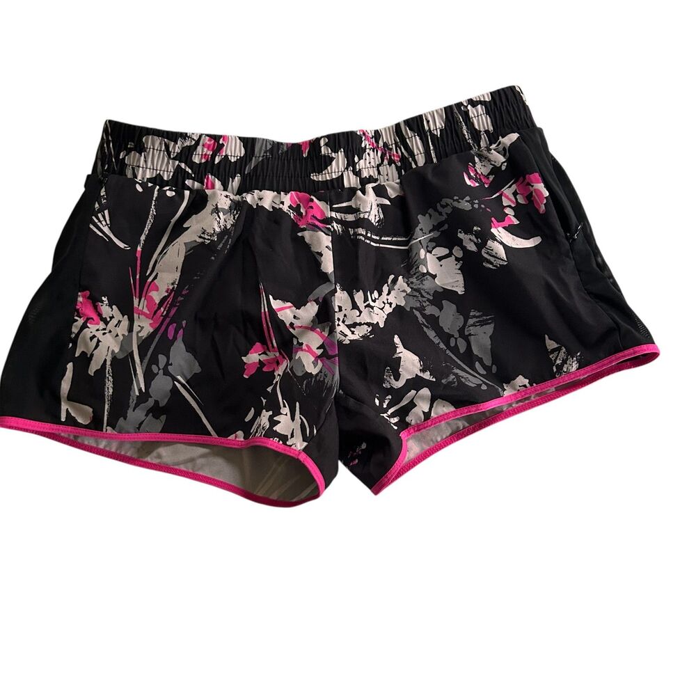 Fabletics 2-in-1 Running Shorts Medium Black Pink Floral Zip Pockets